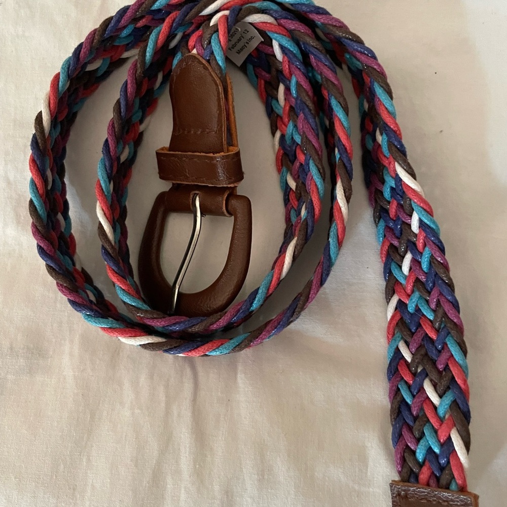 Multicolor Braided Belt with Brown Leather Buckle